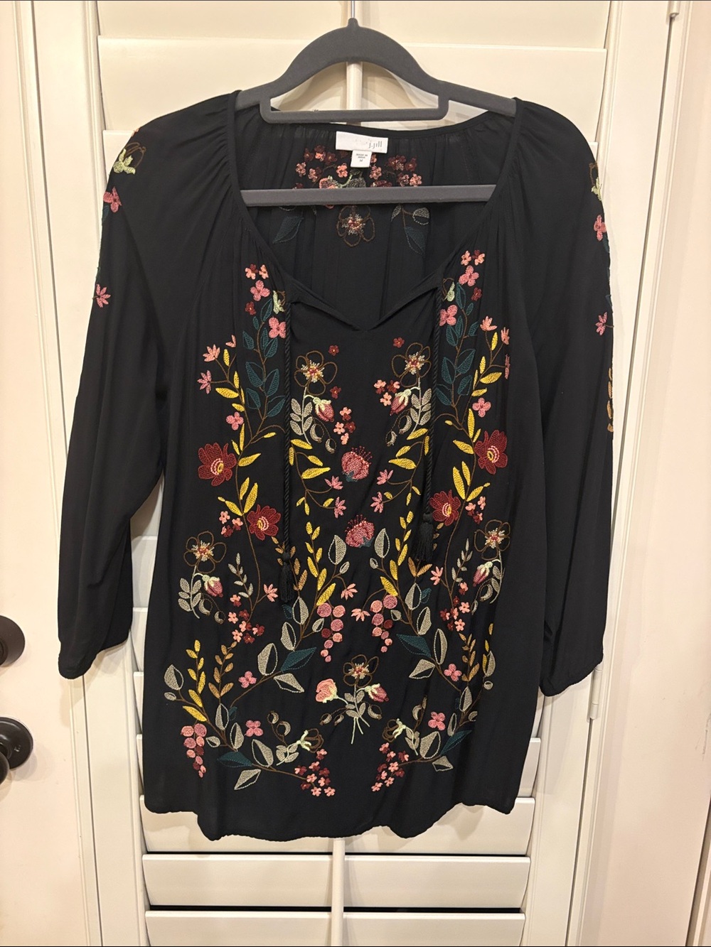 J. Jill Black Top with Multicolor Floral Embroidery- r/4 Sleeves